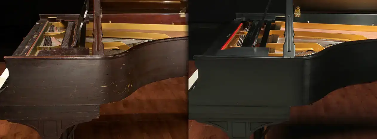 Before and after photo of a piano's cabinet, showing a damaged brown piano finish that Lindeblad transformed into a beautiful satin ebony finish.